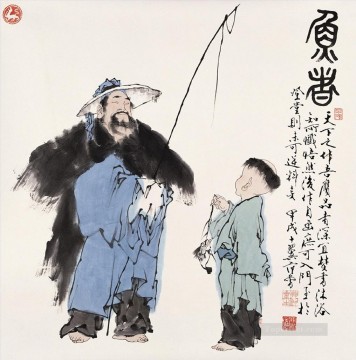 Pescador Fangzeng y niño viejo chino. Pinturas al óleo